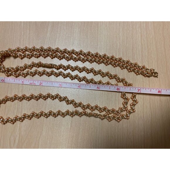 Vtg Long Necklace Champagne Gold Tone Seed Bead Weave Chain Delicate Flapper - Picture 5 of 8